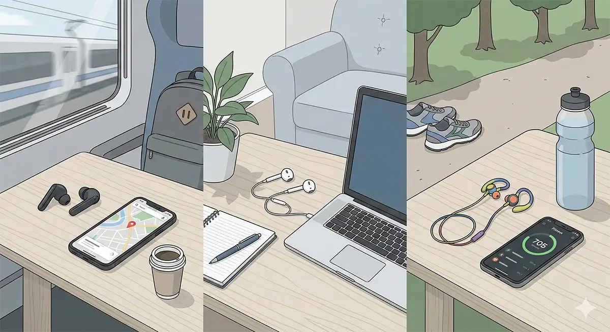 Verschillende gebruikssituaties voor draadloze oordopjes zoals reizen, thuiswerken en sport