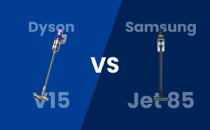 Dyson V15 Detect en Samsung Jet 85 Complete steelstofzuigers naast elkaar in een vergelijking