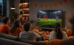 Vrienden kijken voetbal op een 65 inch tv in een woonkamer met oranje WK-decoratie